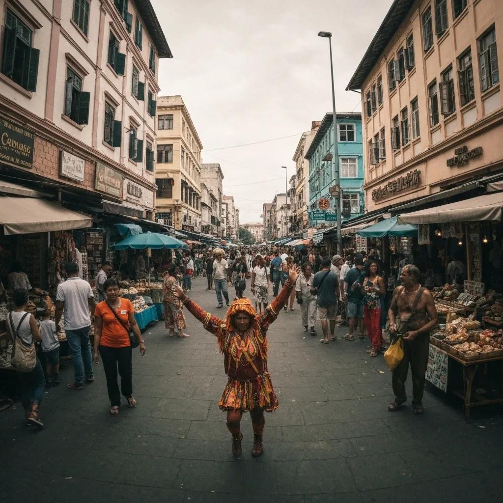 Colorful performer in traditional attire celebrating in a bustling street market surrounded by diverse crowds and shops, reflecting community engagement and cultural vibrancy.