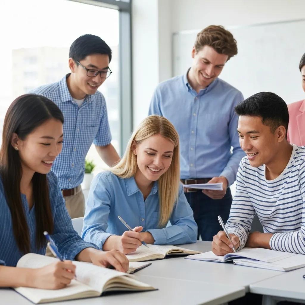 Diverse educators and students collaborating in a modern classroom, emphasizing educational excellence and ISO 21001 certification