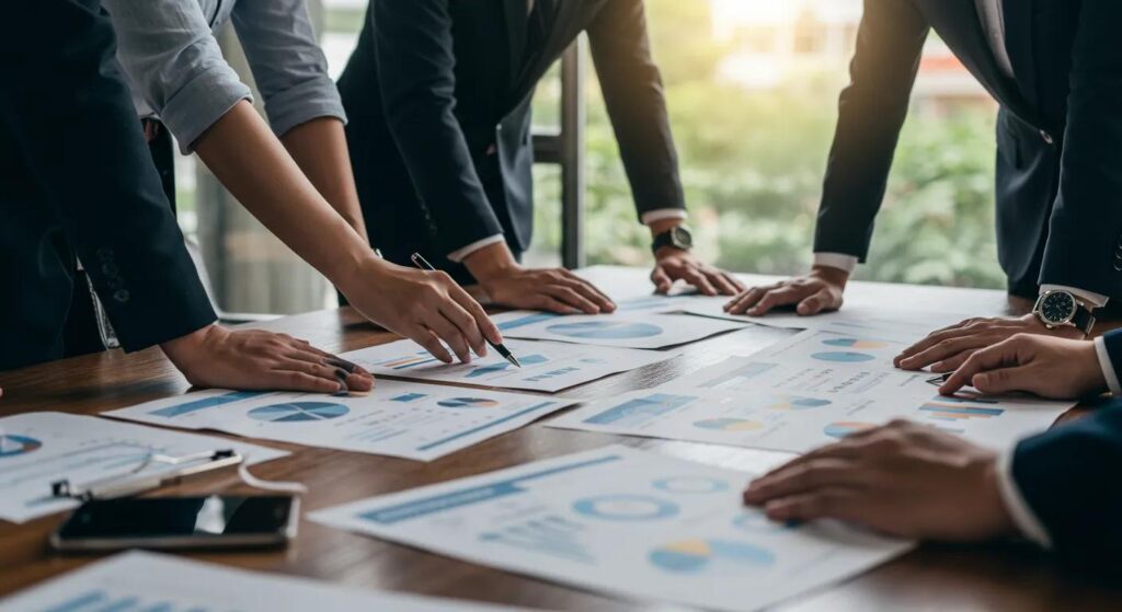 Business professionals analyzing data charts and graphs during a meeting on ISO 27090 compliance strategies in a well-lit office setting.