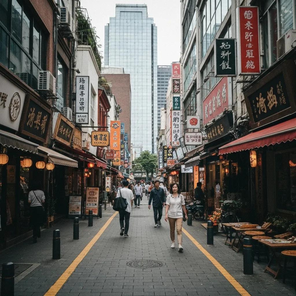 Busy street scene with pedestrians walking among traditional shops and modern buildings, showcasing a blend of cultural heritage and urban development.