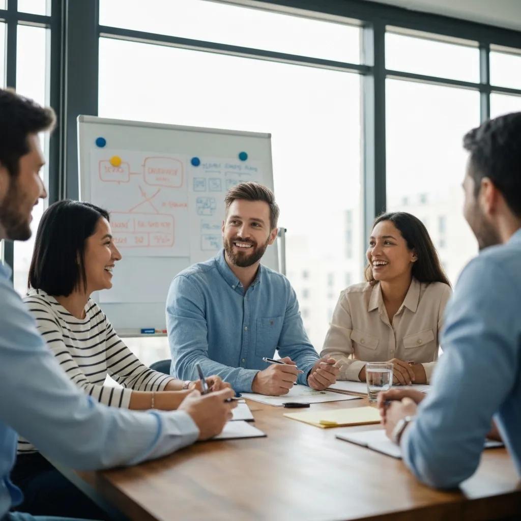 Group of diverse professionals engaged in a collaborative meeting, discussing ISO 9001 certification challenges and strategies, with a whiteboard displaying notes in the background.