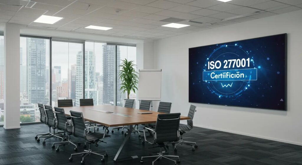 an authoritative office environment showcases a modern conference room with a large digital screen displaying the iso 27001 certification logo, illuminated by soft natural light filtering through glass walls, symbolising trust and enhanced data security.