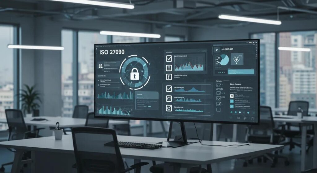 Dashboard displaying ISO 27090 security metrics and analytics in a modern office setting, emphasizing data protection and compliance measures.