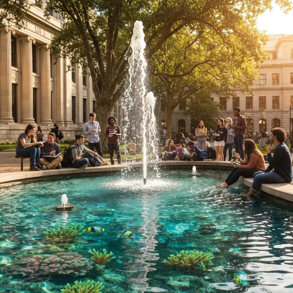 Students engaging in collaborative learning around a fountain in an educational setting, highlighting social inclusion and community support in line with ISO 21001 principles.