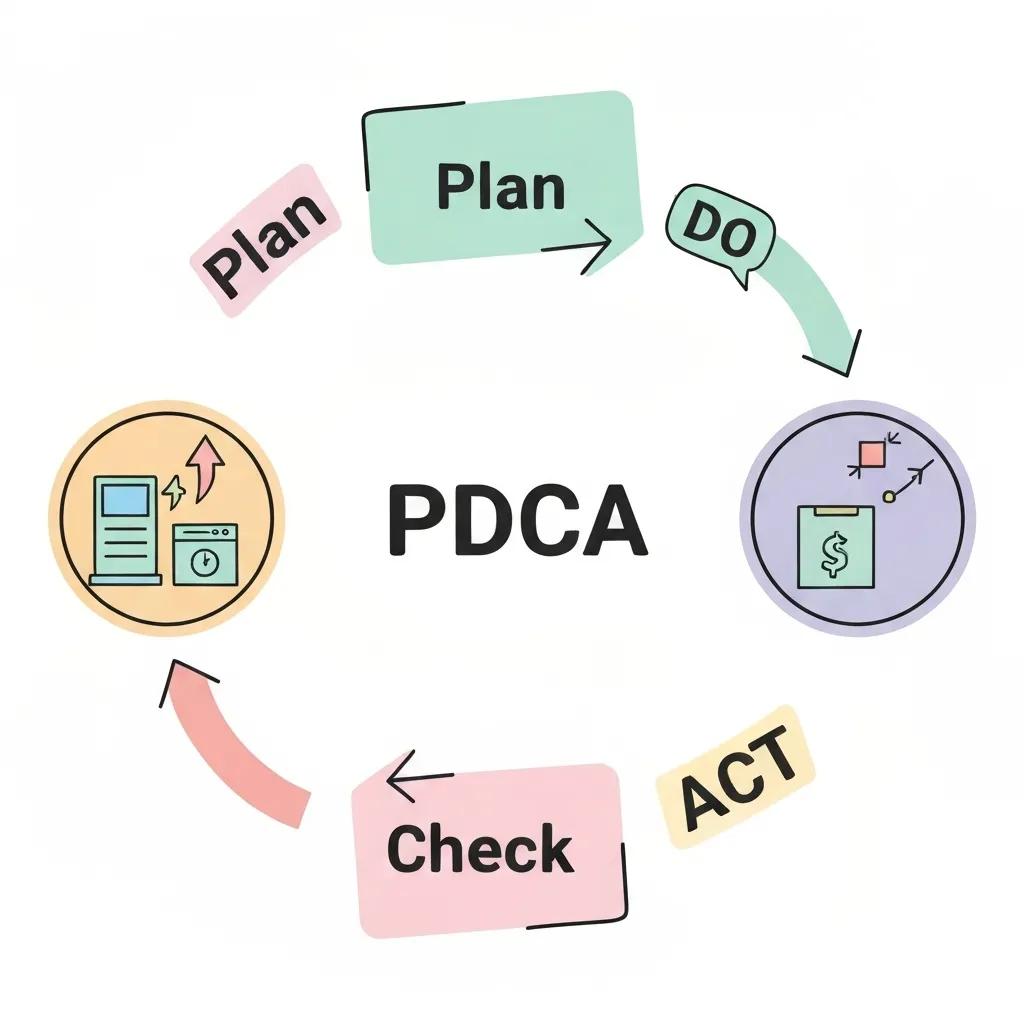 Team of professionals discussing the PDCA cycle for continuous improvement in a modern conference room