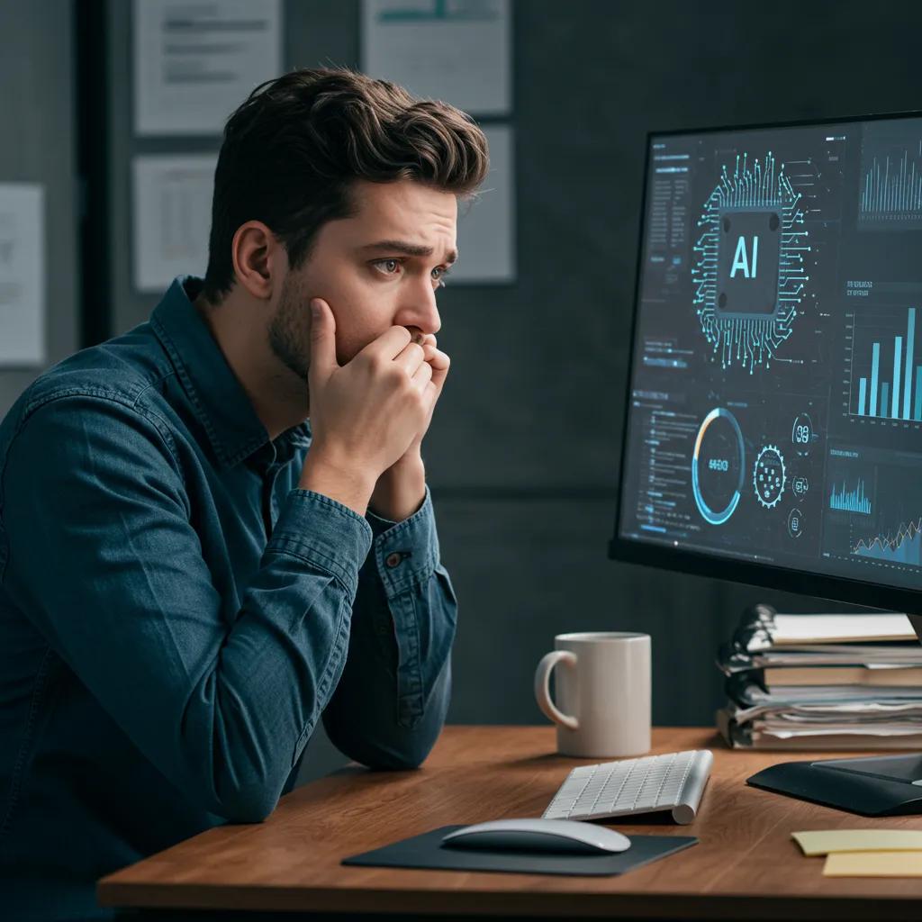 Concerned employee reviewing AI data in an office setting