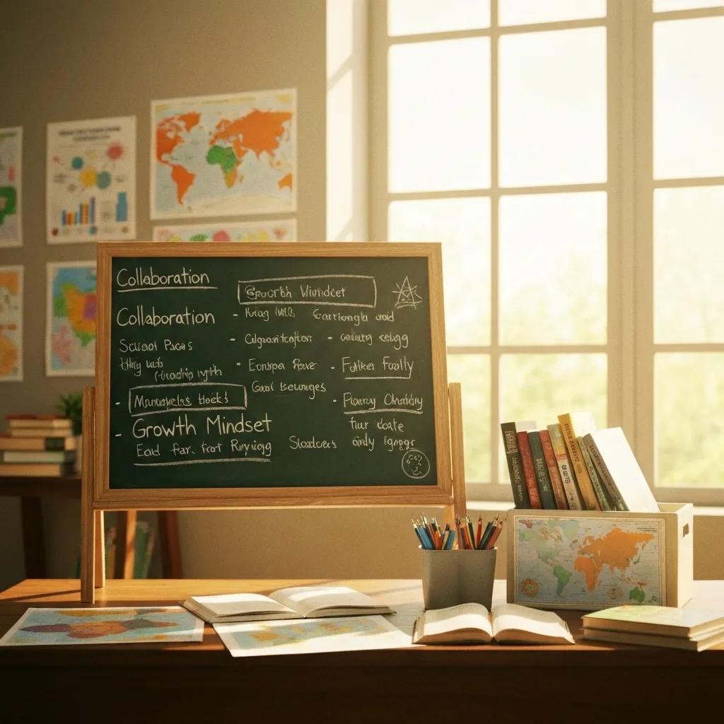Chalkboard displaying educational concepts like "Growth Mindset" and "Collaboration," surrounded by maps and books, emphasizing learner-centered approaches in educational environments aligned with ISO 21001 certification principles.
