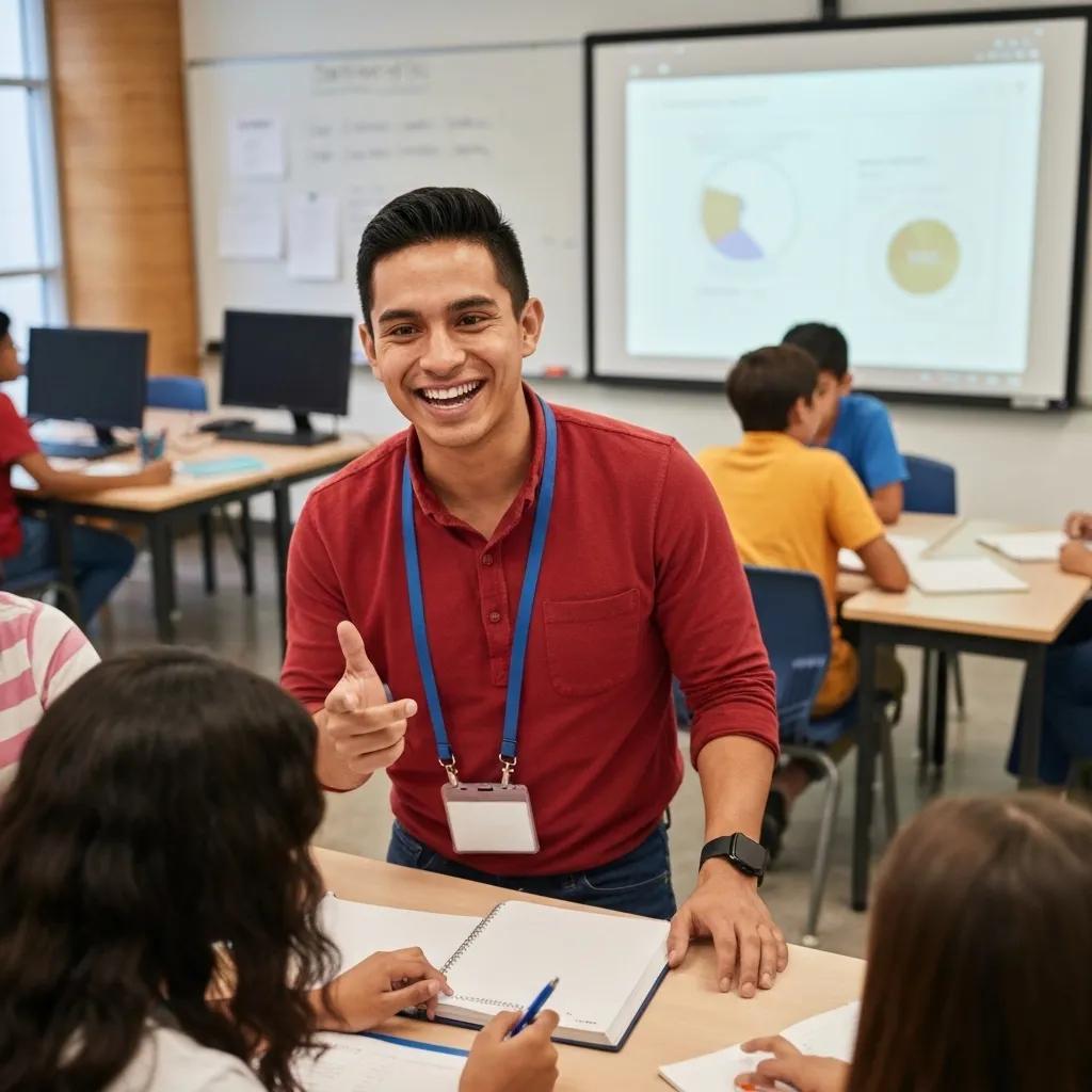 Smiling instructor engaging with students in classroom setting, emphasizing effective training strategies for ISO 21001 implementation and enhancing learning outcomes.
