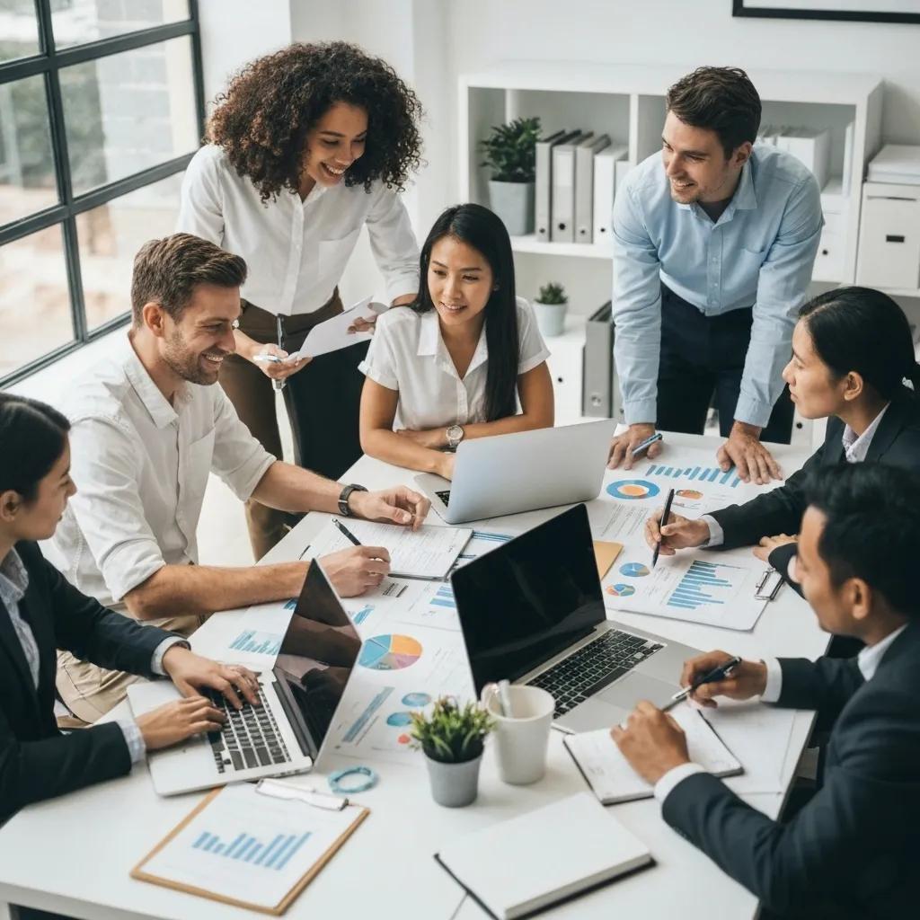 Diverse team collaborating in a modern office, analyzing charts and data on laptops and documents, emphasizing teamwork and quality management principles related to ISO 9001 certification.