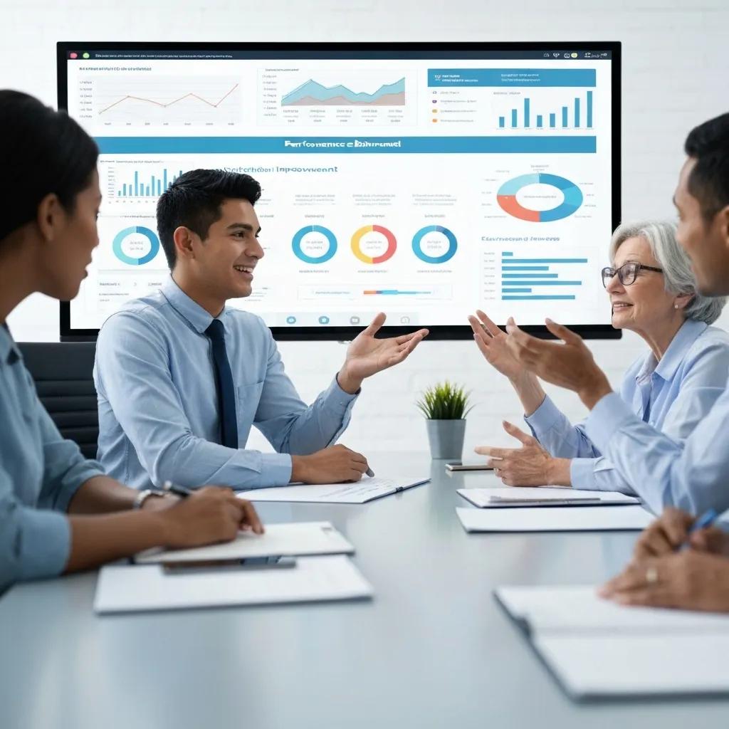 Team of educators reviewing performance metrics on a digital dashboard, emphasizing continuous improvement and collaboration