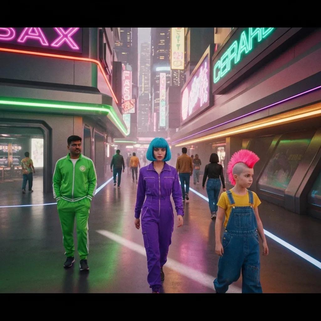 Diverse group of people in a vibrant, futuristic urban setting, featuring individuals with colorful hairstyles and outfits, emphasizing inclusivity and modernity in education.