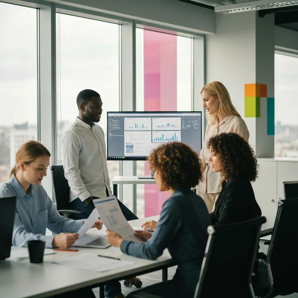 Business professionals collaborating on ISO 9001 certification in a modern office