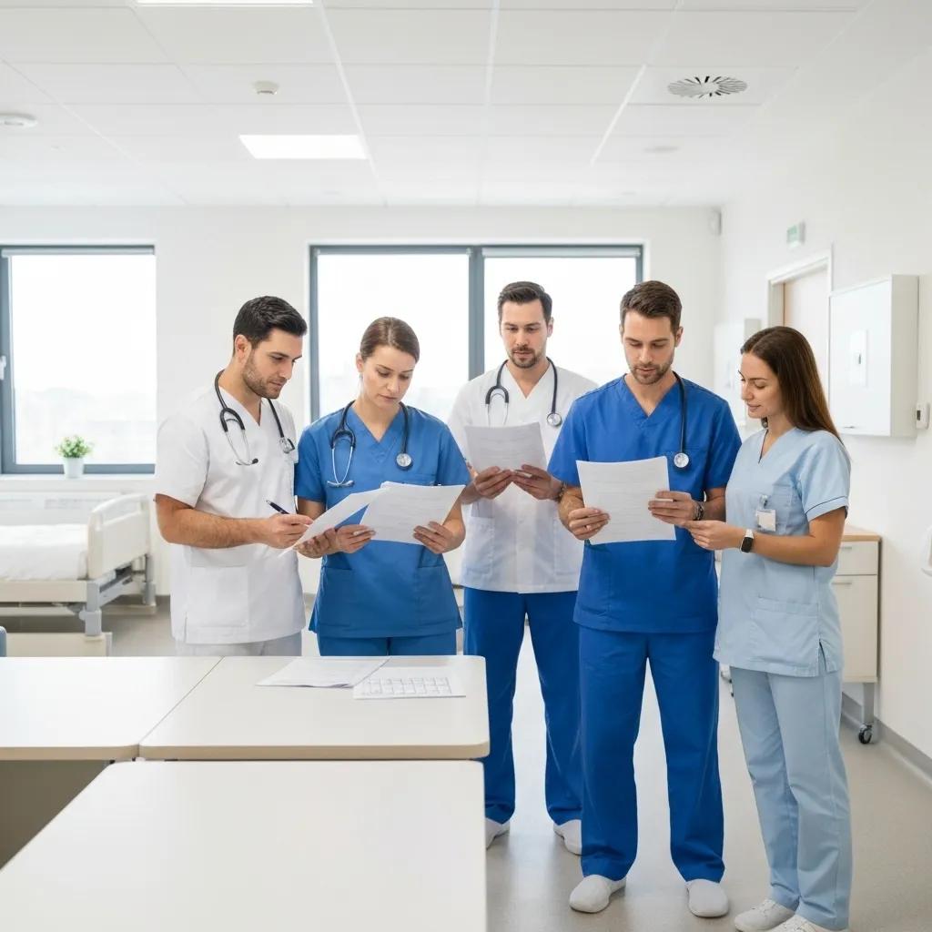 Group of healthcare professionals in scrubs discussing documents in a hospital setting, emphasizing teamwork and collaboration in environmental management practices related to ISO 14001 certification.