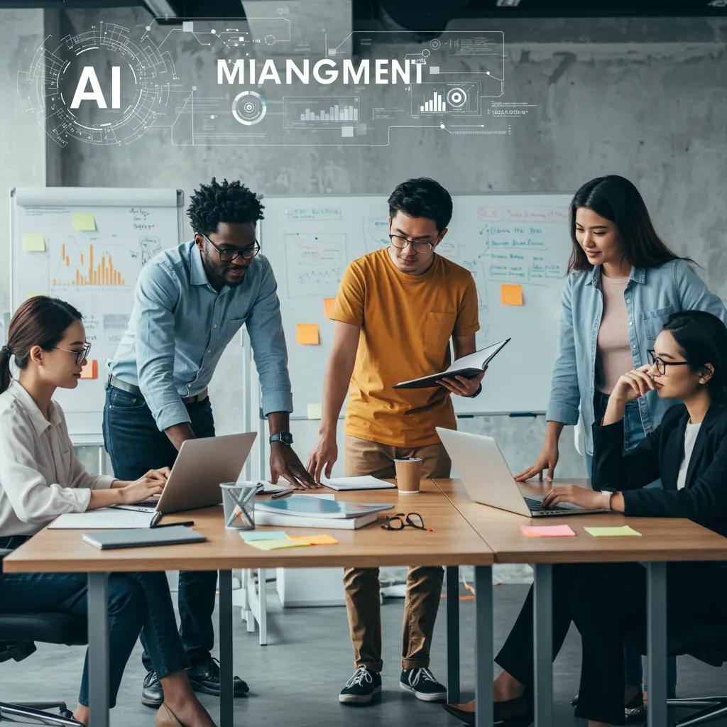 Diverse employees collaborating on AI management strategies in a modern office