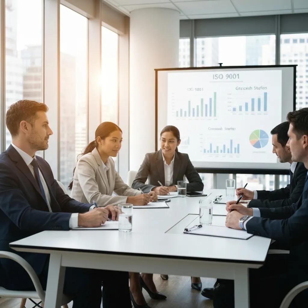Business meeting discussing ISO 9001 certification, featuring diverse professionals analyzing growth statistics on a presentation screen.
