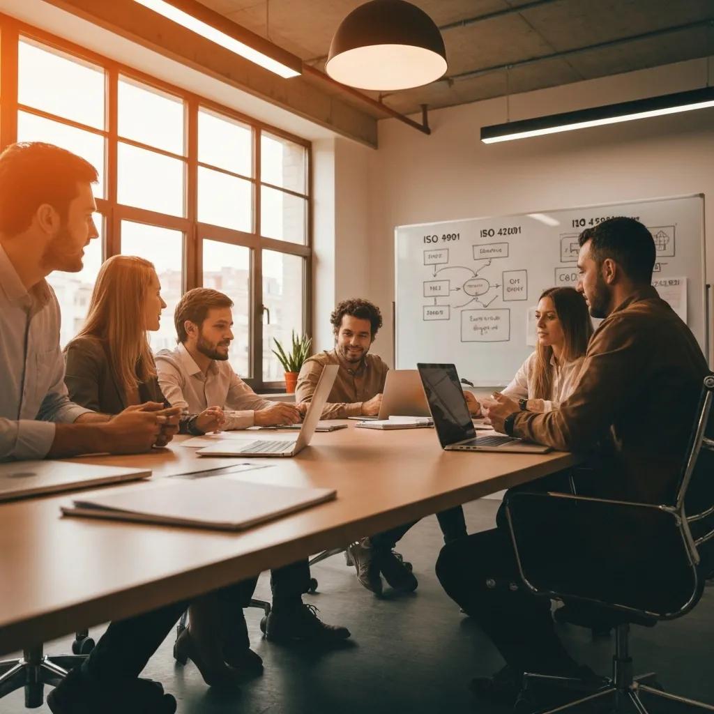 Group of professionals in a meeting discussing ISO certifications, with laptops and a whiteboard displaying ISO standards in a modern office setting.
