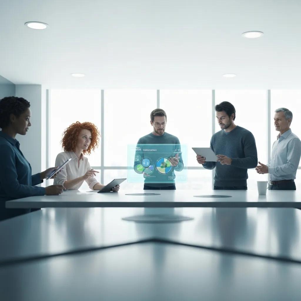 Business professional presenting ISO 14001 certification to satisfied stakeholders in a conference room