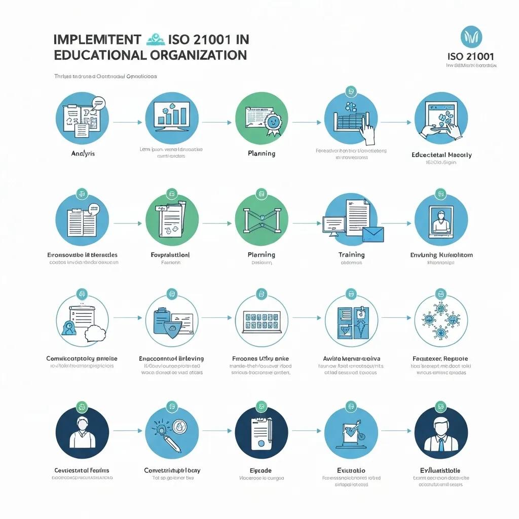 Infographic illustrating the implementation steps of ISO 21001 in educational organizations, including analysis, planning, training, and evaluation phases, with icons representing each stage.