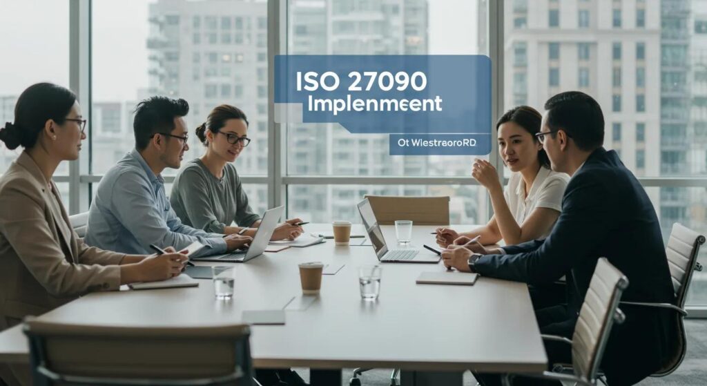 Group of professionals discussing ISO 27090 implementation in a modern office setting, featuring laptops and coffee cups on the table.