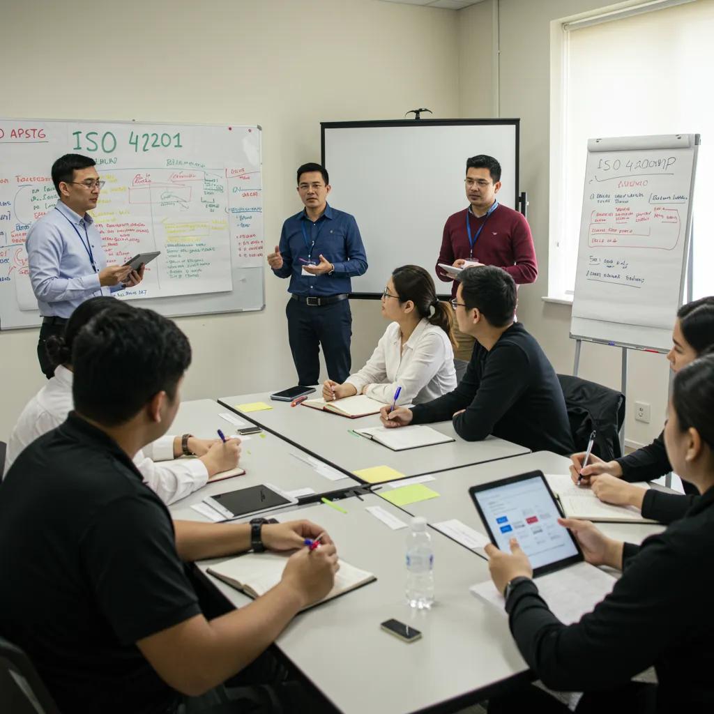 Employees participating in a workshop on ISO 42001 engagement strategies