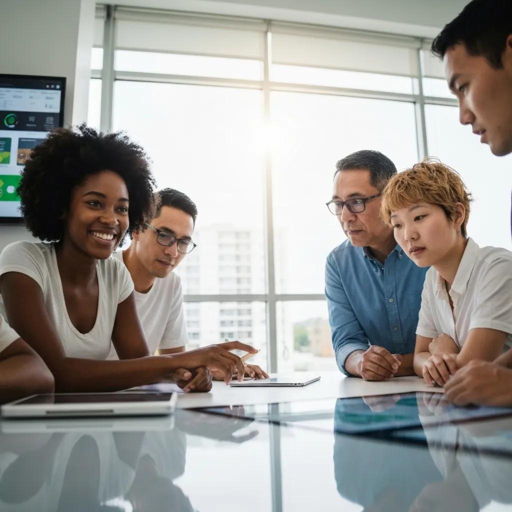 Diverse professionals collaborating on ISO 14001 compliance strategies in a modern office