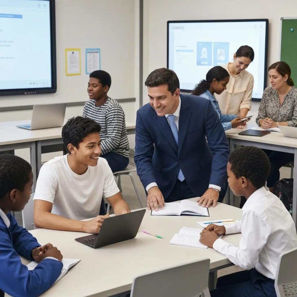 Diverse students and educators collaborating in a modern classroom, illustrating ISO 21001 principles in education