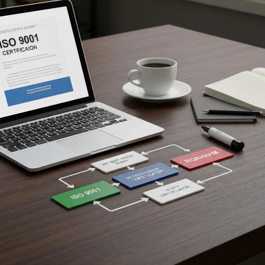 Roadmap for achieving ISO 9001 certification displayed on a desk with planning materials
