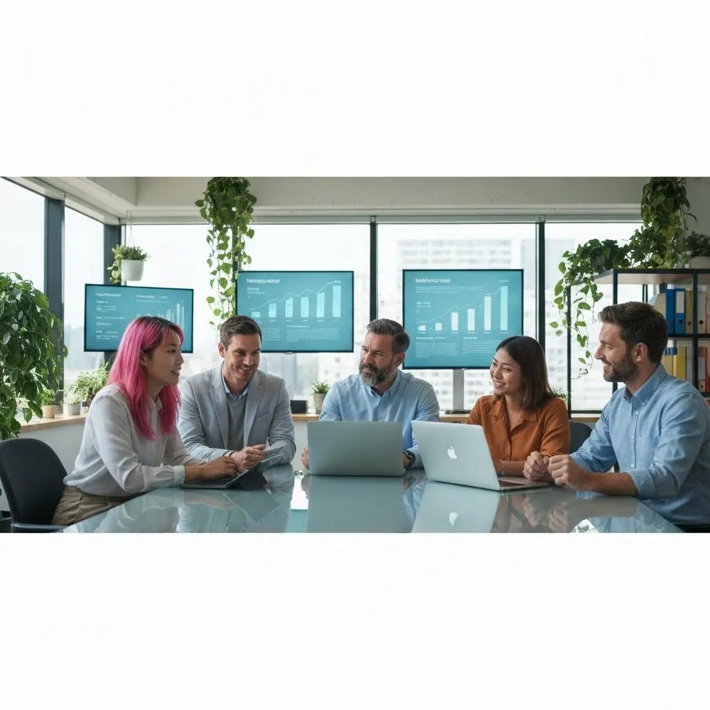 Professionals discussing ISO 14001 benefits in an eco-friendly office setting with growth metrics