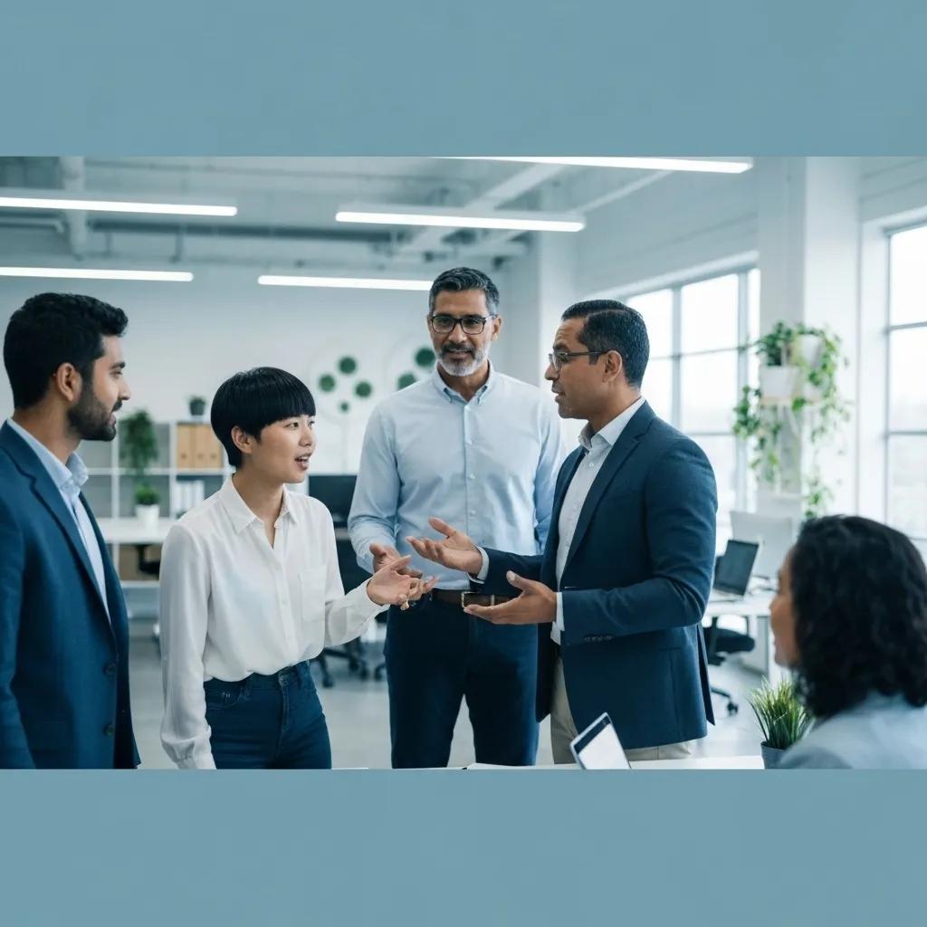 Diverse team discussing ISO certification strategies in modern office setting, emphasizing collaboration and engagement.