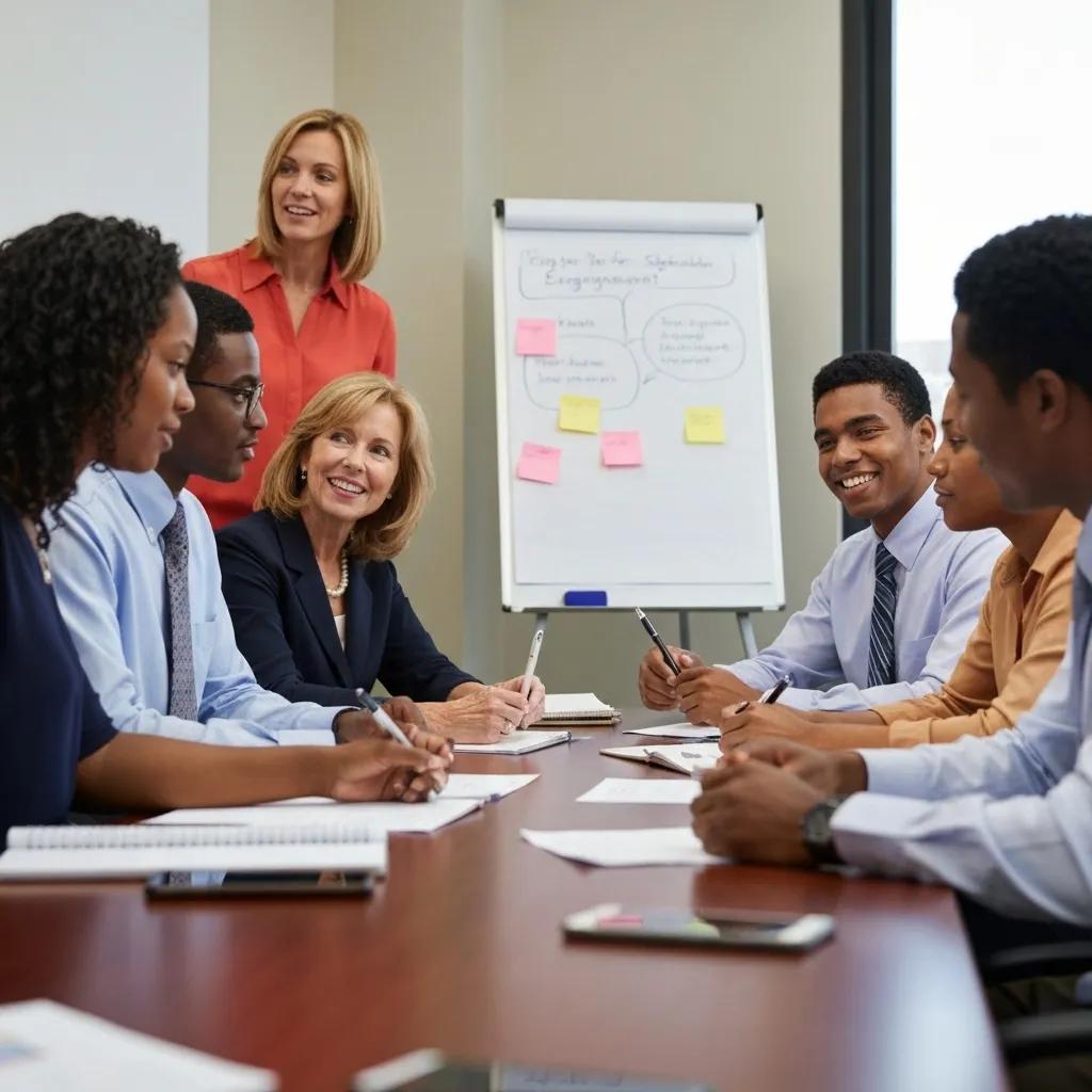 Educational leaders in a meeting discussing strategies for stakeholder engagement, highlighting collaboration and planning