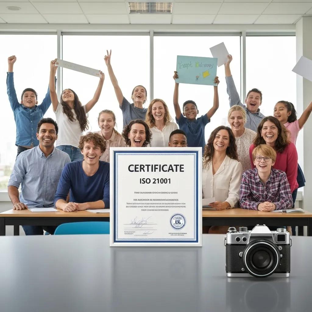 Celebration of ISO 21001 certification with educators and students, highlighting the benefits of quality management in education
