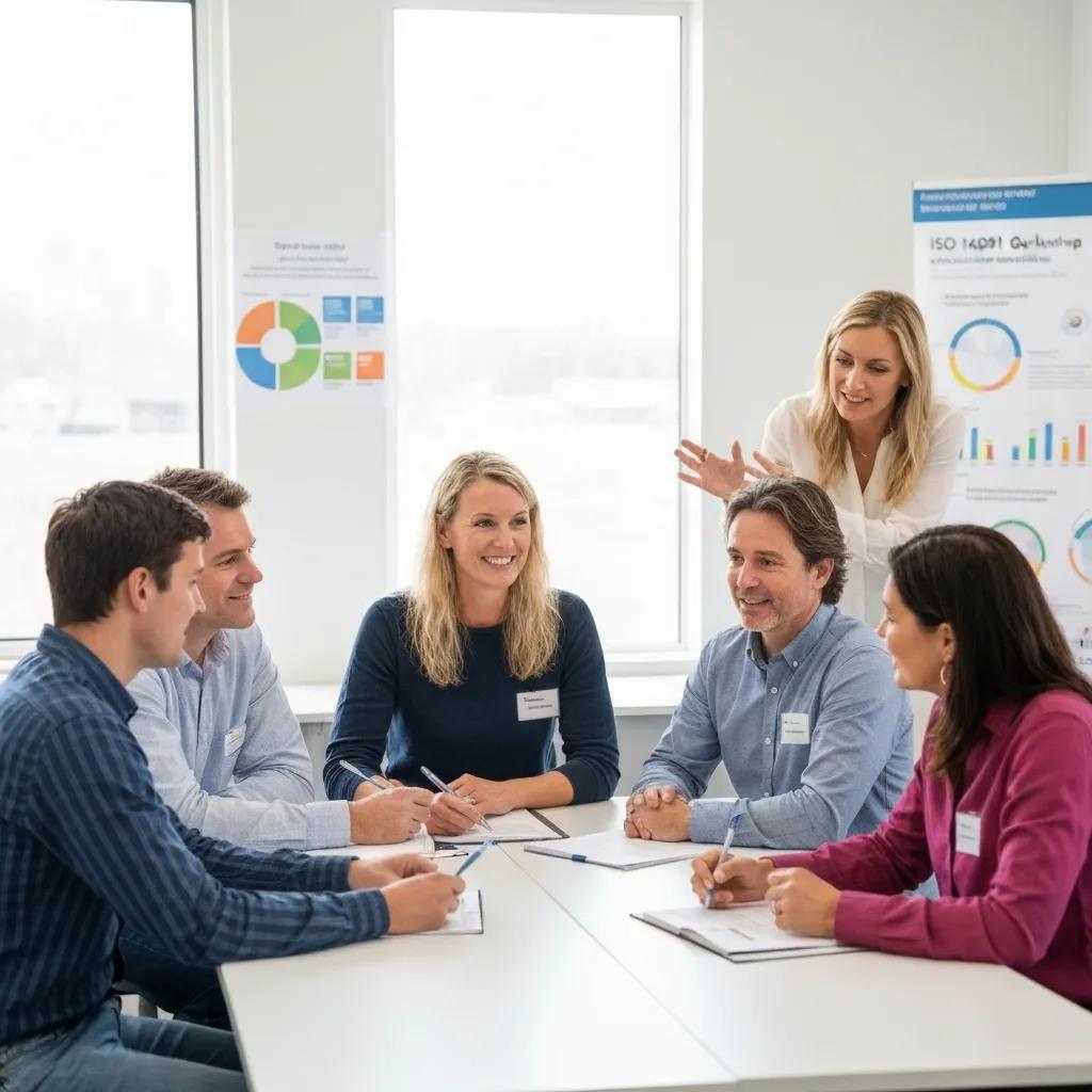 Consultant guiding educators in an ISO 14001 compliance workshop, showcasing expert support