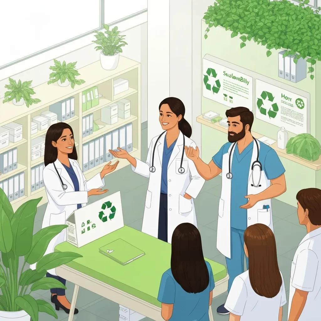 Healthcare professionals discussing environmental practices and ISO 14001 certification in a green office setting, featuring recycling symbols and training materials.