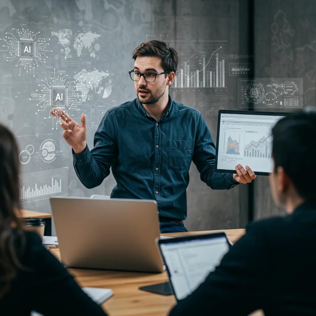 A startup founder presenting an AI project to investors, emphasizing the advantages of ISO 42001 certification