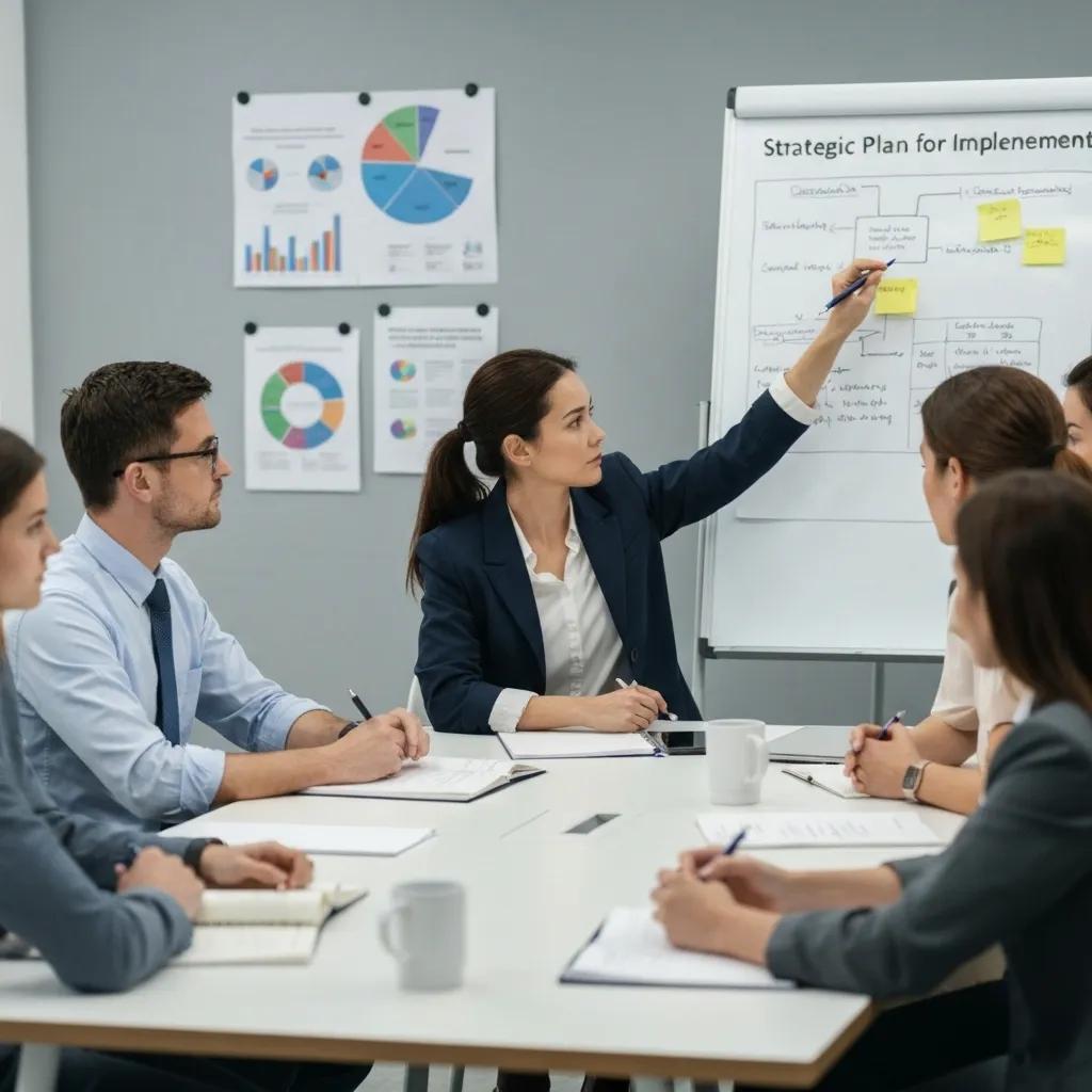 Educational leaders collaborating in a meeting room to discuss ISO 21001 implementation strategies