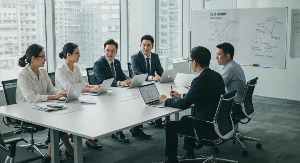 a vibrant corporate office bathed in natural light showcases a diverse group of professionals engaging in animated discussions around a large table, symbolising the proactive alignment of iso 42001 with sustainable development goals.