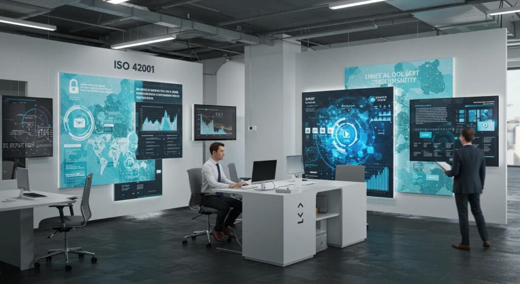 a dynamic office environment teeming with vibrant digital displays showcasing data analytics and innovative technology, symbolising the transformative impact of iso 42001 on business accountability and security.