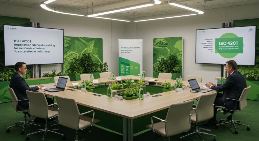 a strategically arranged conference table adorned with vibrant green plants and digital displays, capturing the essence of an engaging discussion on implementing iso 42001 for sustainable initiatives under soft, natural lighting.