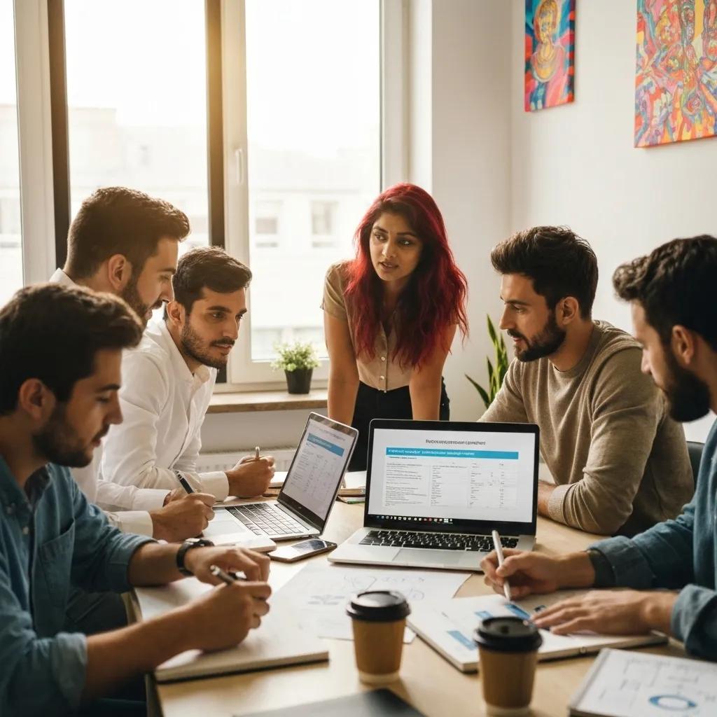 Startup team brainstorming around a table, showcasing the implementation of ISO 9001 for growth and market trust