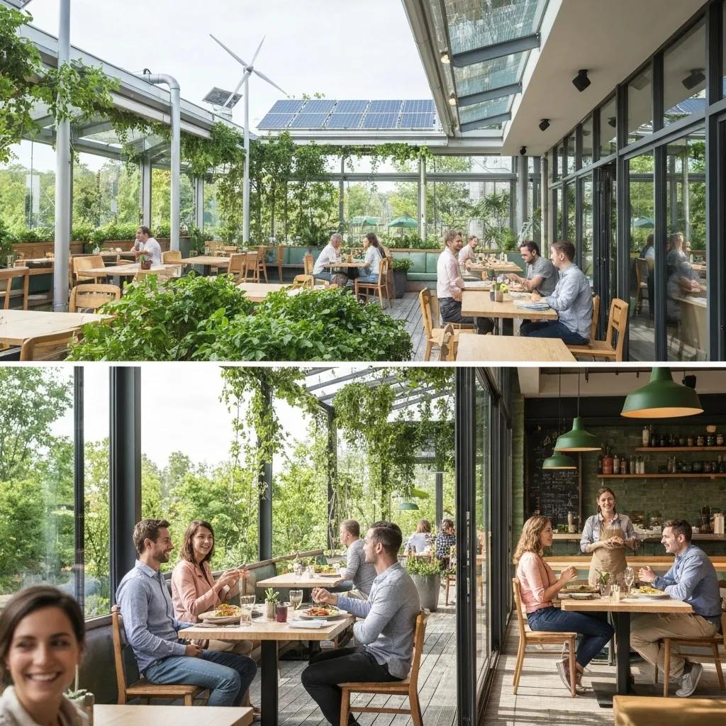 Happy customers in a sustainable restaurant showcasing the benefits of ISO 14001 certification