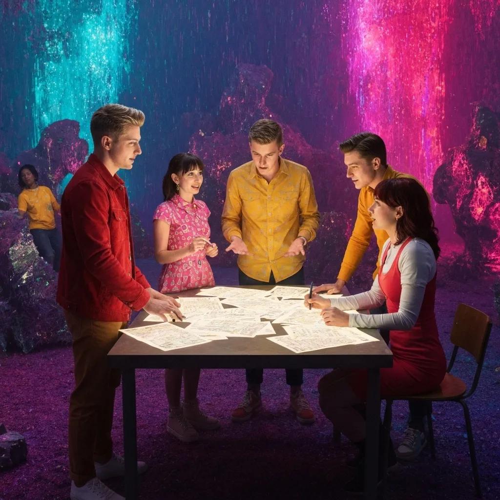 Business professionals collaborating on ISO 21001 documentation in a modern office setting