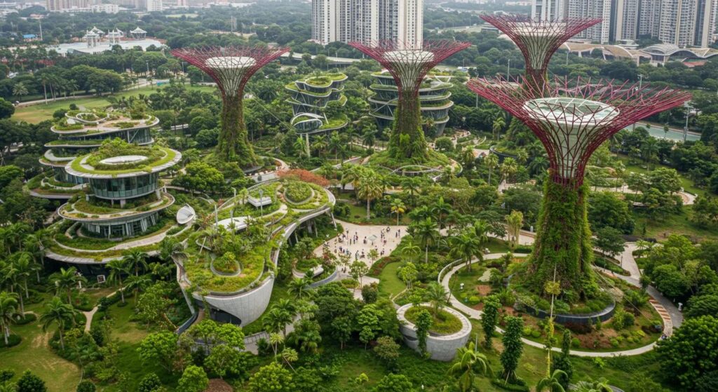 a vibrant, sunlit landscape showcases diverse greenery interspersed with innovative eco-friendly structures, symbolising the harmonious integration of nature and sustainable management principles inspired by iso 42001.