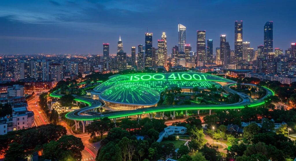 a futuristic city skyline at dusk, illuminated by glowing green technology, showcases sustainable architecture and vibrant urban gardens, symbolising the innovation and transparency of iso 42001 in promoting environmental practices.