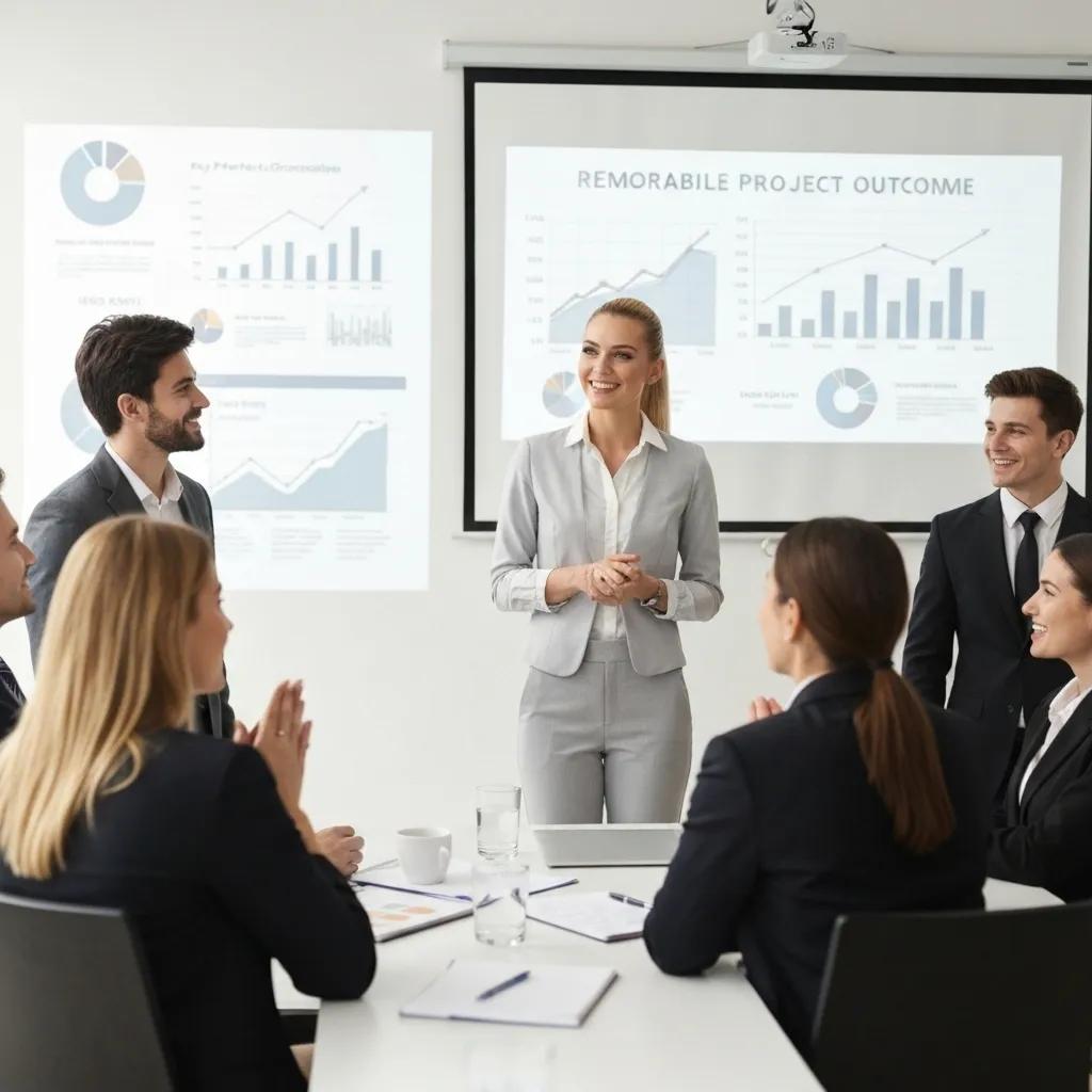 Business leader presenting project success in a conference room, highlighting the benefits of ISO 9001 certification