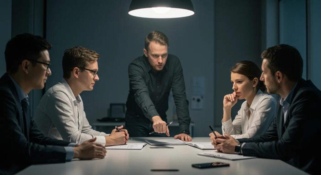 a determined team of professionals engages in a dynamic discussion around a table, highlighting the challenges and strategies of implementing iso 42001, illuminated by soft, focused lighting that enhances the atmosphere of collaboration and problem-solving.