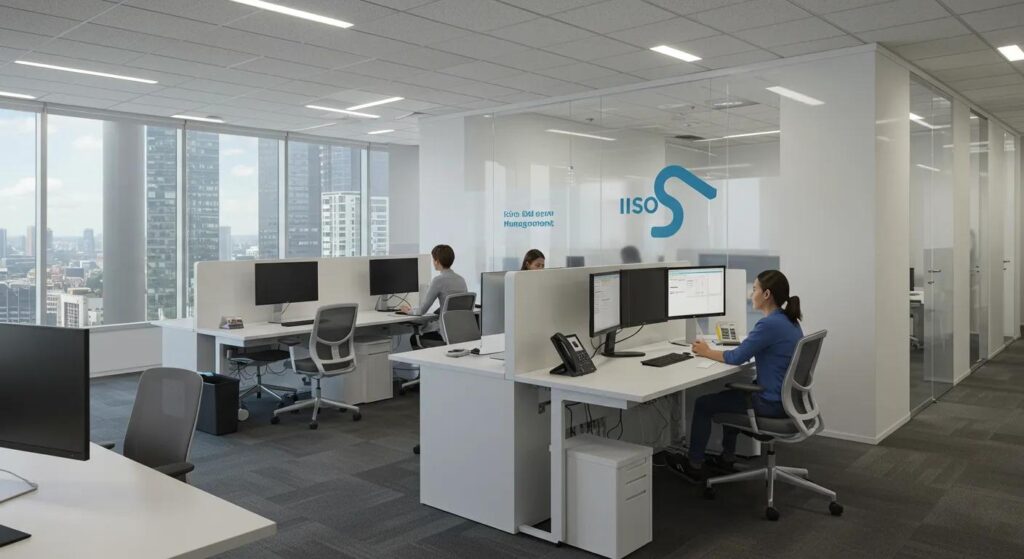 a dynamic, modern office environment showcases advanced it infrastructure with sleek technology seamlessly integrated into collaborative workspaces, symbolising the transformative power of iso 42001 in enhancing organisational culture and asset management.