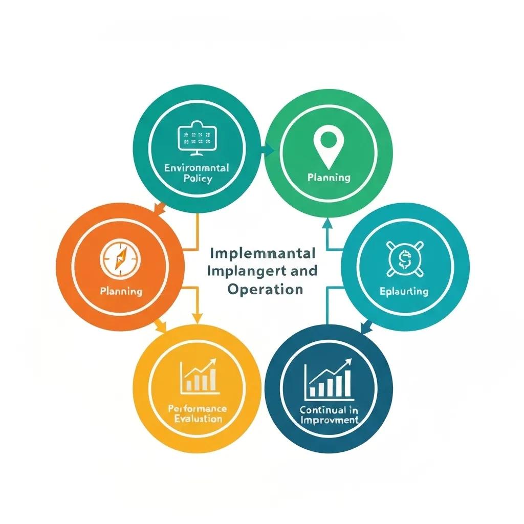 Visual representation of the five core elements of an Environmental Management System (EMS) for ISO 14001