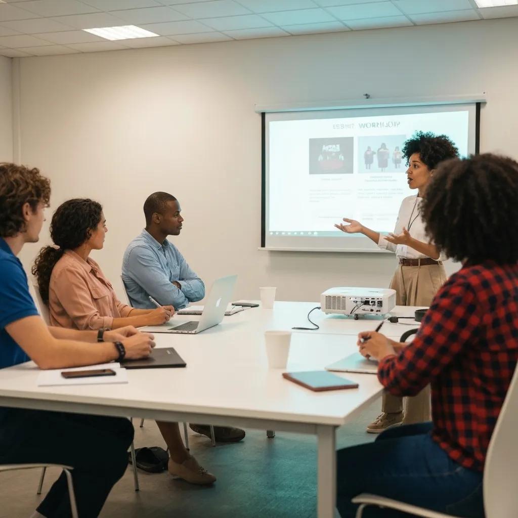 Employees engaged in a workshop on simplifying ISO 9001 documentation in a collaborative workspace