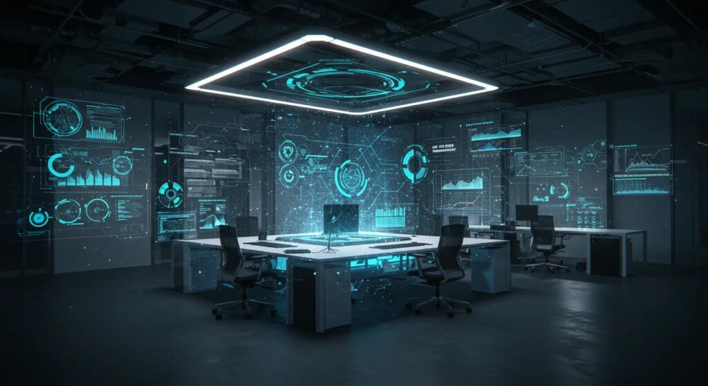 an innovative corporate workspace bathed in dynamic, futuristic lighting, showcasing a central digital interface that illustrates the integration of iso 42001 into strategic management and automation, symbolising the evolution of business practices in the digital age.