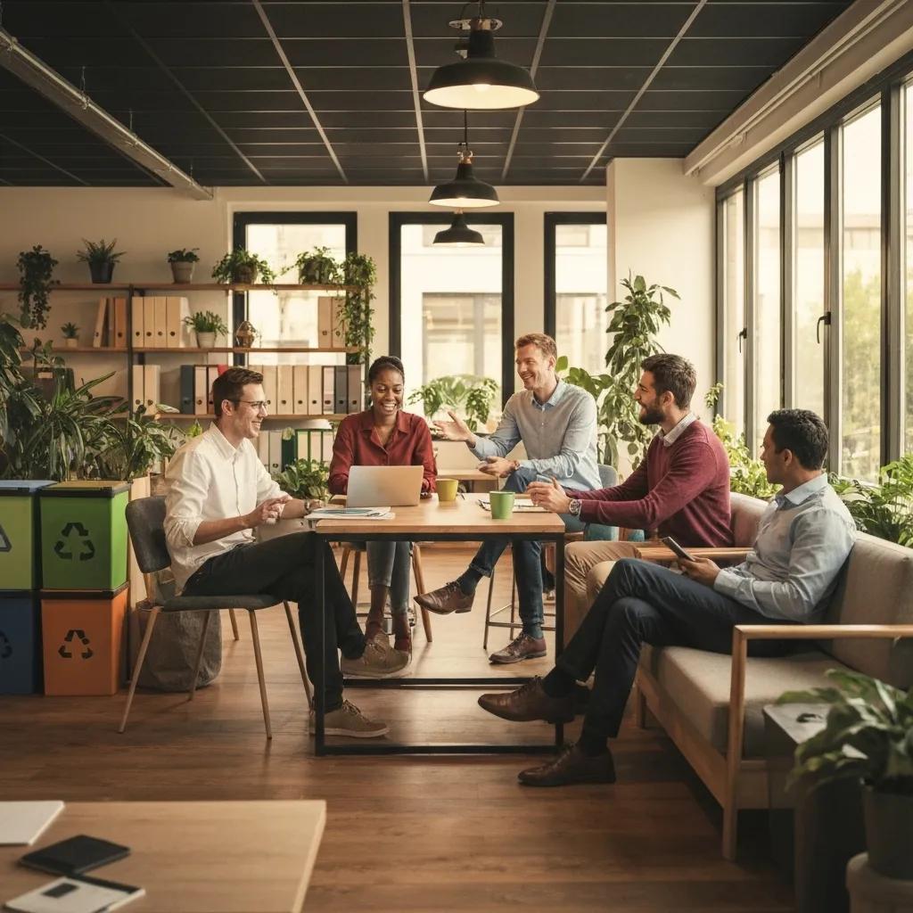 Workers in a sustainable factory utilizing energy-efficient systems